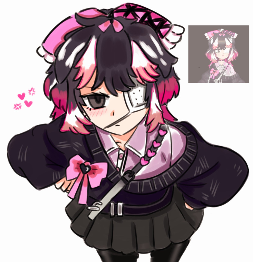 1girl, anger_vein, black_eyes, black_hair, black_sweater, blush, collared_shirt, eyepatch