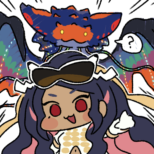 1girl, black_hair, caraway_(pokemon), commentary_request, dark-skinned_female, dark_skin, eyewear_on_head, gloves, jazz_jack, long_hair, looking_at_viewer, lowres, multicolored_hair, namielle, open_mouth, pink_hair, pokemon, pokemon_(creature), pokemon_champions, red_eyes, solo, two-tone_hair, white_background, white_gloves