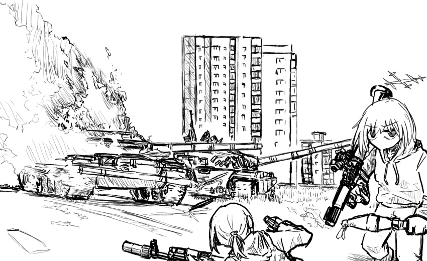 2girls, arius_student_(blue_archive), building, chechen_war, commentary, fire, korean_commentary, meme