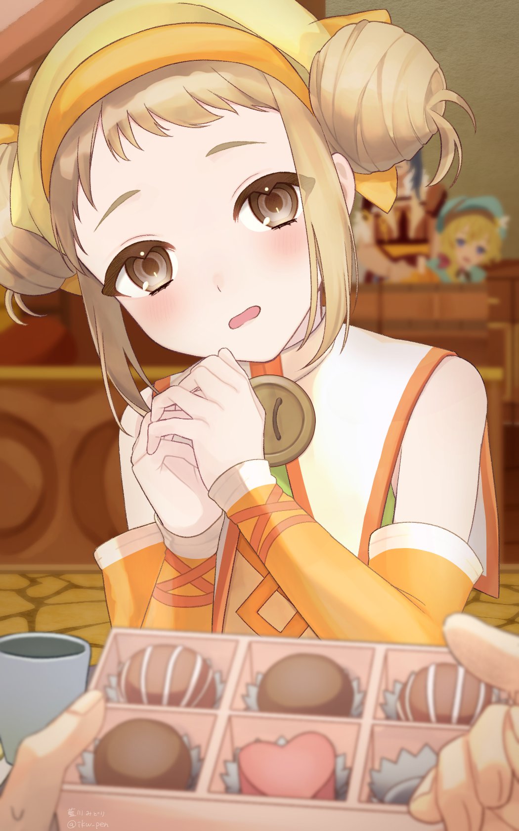 1girl, blonde_hair, box, box_of_chocolates, brown_eyes, chocolat_(rune_factory), headscarf, highres