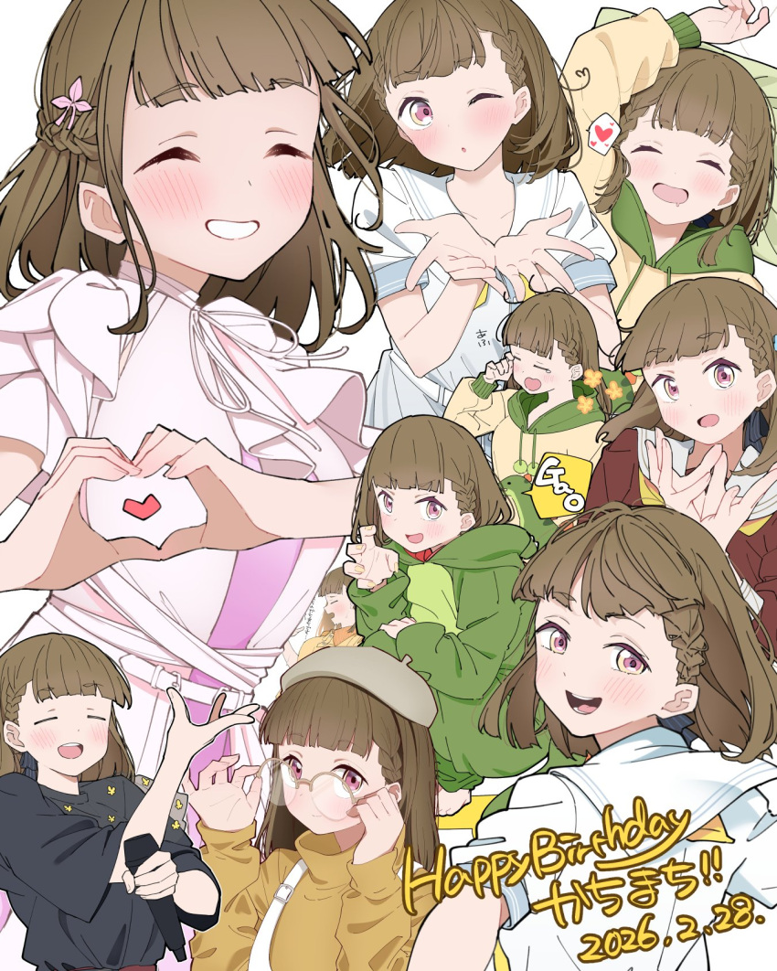 1girl, :d, ;o, ^_^, annotated, black_ribbon, black_shirt, blowing_kiss