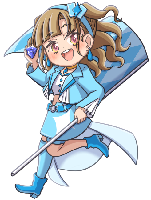 1girl, :d, blue_boots, blue_gem, blue_hairband, blue_jacket, blue_skirt, blue_thighhighs, blunt_bangs, boots, brown_hair, choker, commentary_request, diamond_(gemstone), diamondz_(love_live!), full_body, ganbarai, gem, hairband, high_heel_boots, high_heels, holding, holding_gem, jacket, kachimachi_kosuzu, link!_like!_love_live!, long_sleeves, love_live!, midriff, miniskirt, open_clothes, open_jacket, open_mouth, pink_eyes, simple_background, single_thighhigh, skirt, smile, solo, teeth, thigh-highs, thigh_strap, two_side_up, upper_teeth_only, virtual_youtuber, white_background, yellow_choker