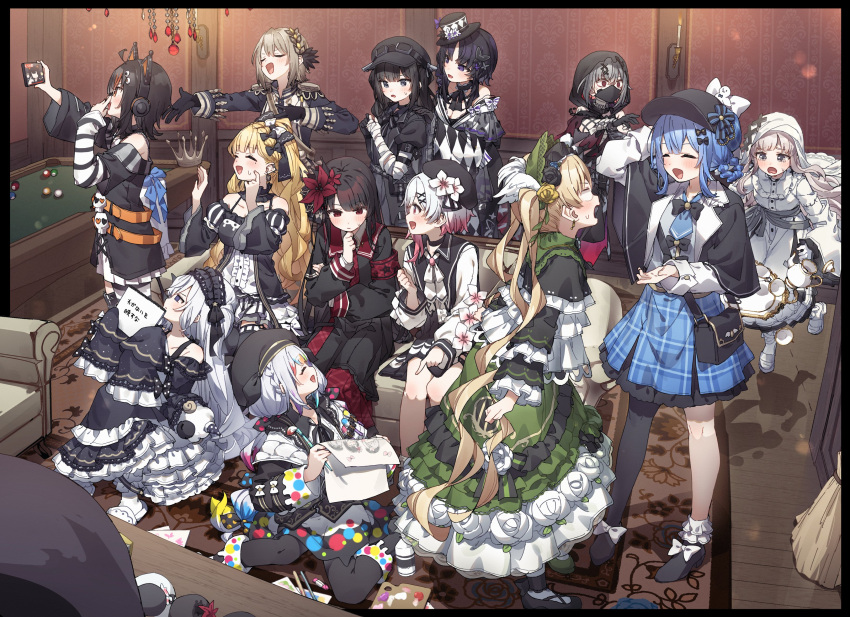 6+girls, absurdres, billiards, black_hair, blonde_hair, blue_hair, everyone, falling_object