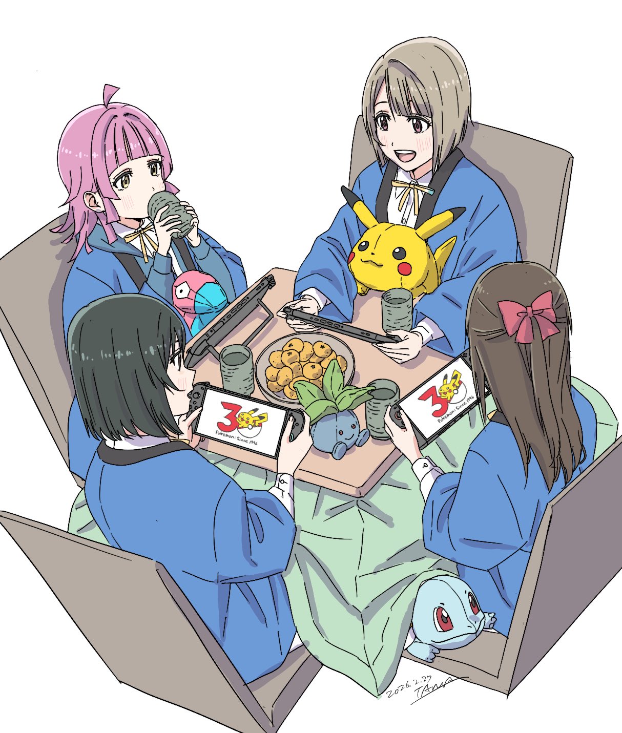4girls, :d, ahoge, black_hair, blunt_bangs, blunt_ends, bob_cut, bow