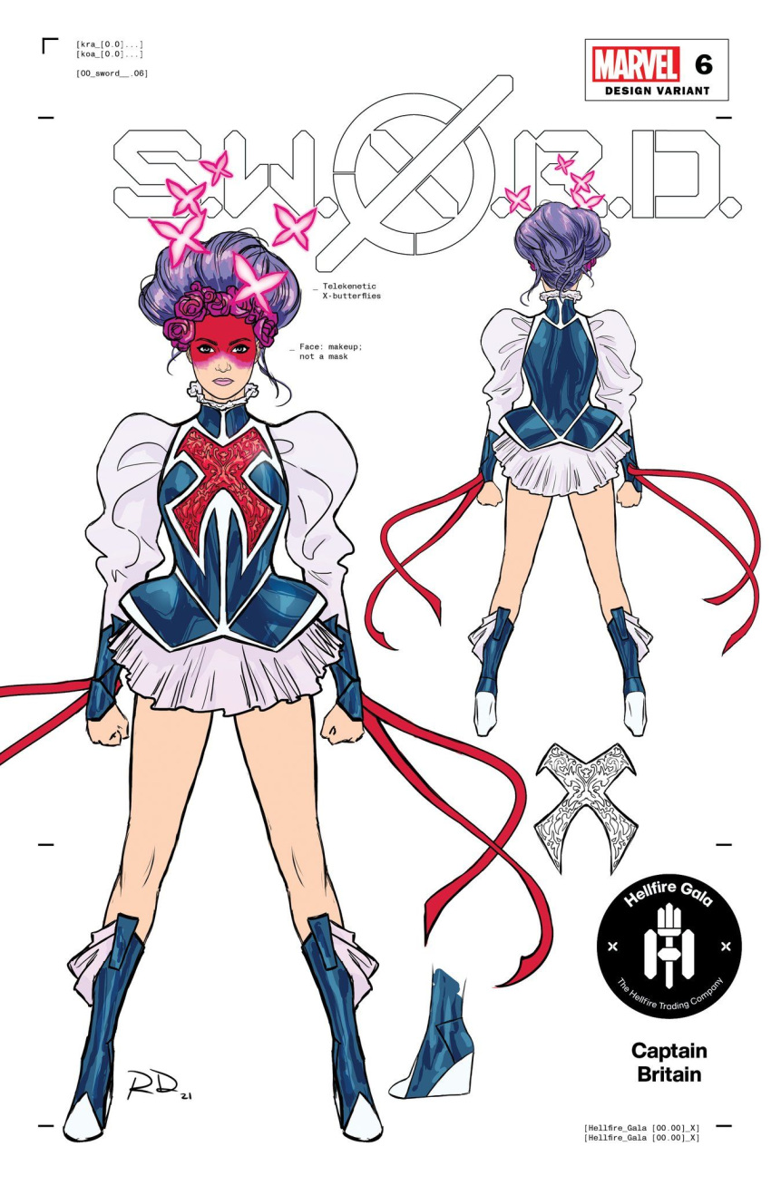 1girl, blue_boots, blue_eyes, boots, bug, butterfly, captain_britain, clenched_hands
