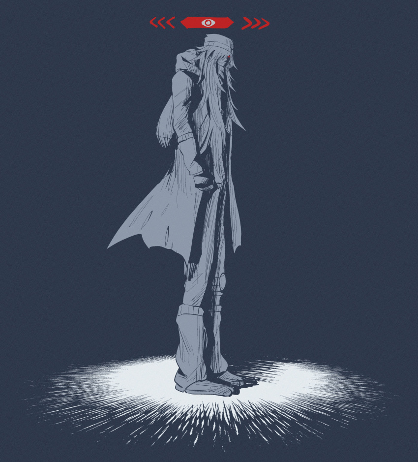 1boy, 816_lau, absurdres, az_(pokemon), beanie, boots, closed_mouth, fingerless_gloves, full_body, gloves, hat, highres, long_hair, long_sleeves, looking_at_viewer, male_focus, monochrome, pokemon, pokemon_xy, red_eyes, simple_background, spot_color, standing