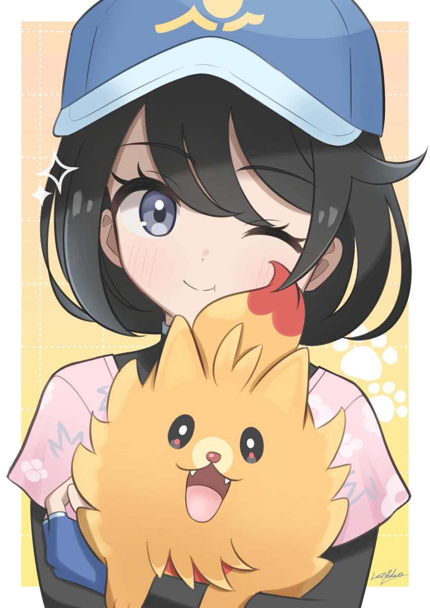 1girl, :3, :t, absurdres, artist_name, baseball_cap, black_bodysuit, blue_hat, blush, bob_cut, bodysuit, bodysuit_under_clothes, bow, brown_dog, close-up, closed_mouth, commentary, creature, dog, eyelashes, female_protagonist_(pokemon_ww), floral_print, floral_print_shirt, gradient_background, grey_eyes, grid_background, hair_between_eyes, hat, head_tilt, highres, holding, holding_creature, layered_sleeves, leo25_k, light_blush, long_sleeves, looking_at_viewer, one_eye_closed, outside_border, paw_print, paw_print_background, pink_shirt, pokemon, pokemon_(creature), pokemon_ww, pombon, portrait, shirt, short_hair, short_sleeves, signature, smile, solo, sparkle, standing, straight-on, swept_bangs, t-shirt, turtleneck, upper_body, wavy_hair, white_bow, yellow_background