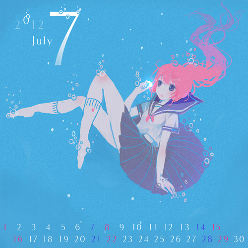 calendar, july, lowres, original, red_hair, redhead, school_uniform, serafuku