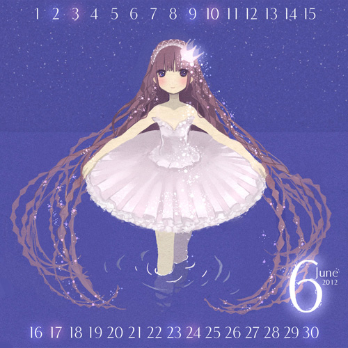 ballerina, blush, brown_eyes, brown_hair, calendar, child, crown, dress
