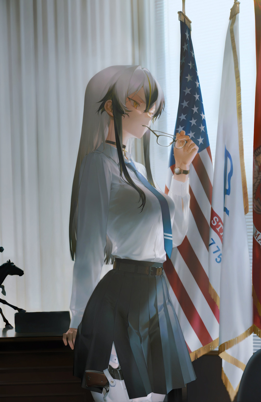absurdres, ai-generated, black_hair, black_skirt, bra, character_request, copyright_request, flag, glass, glasses, gun, highres, holding, holding_removed_eyewear, indoors, looking_at_another, multicolored_hair, orange_eyes, pantyhose, shirt, skirt, standing, takemori_kohoto, underwear, unworn_eyewear, watch, weapon, white_hair, white_pantyhose, white_shirt