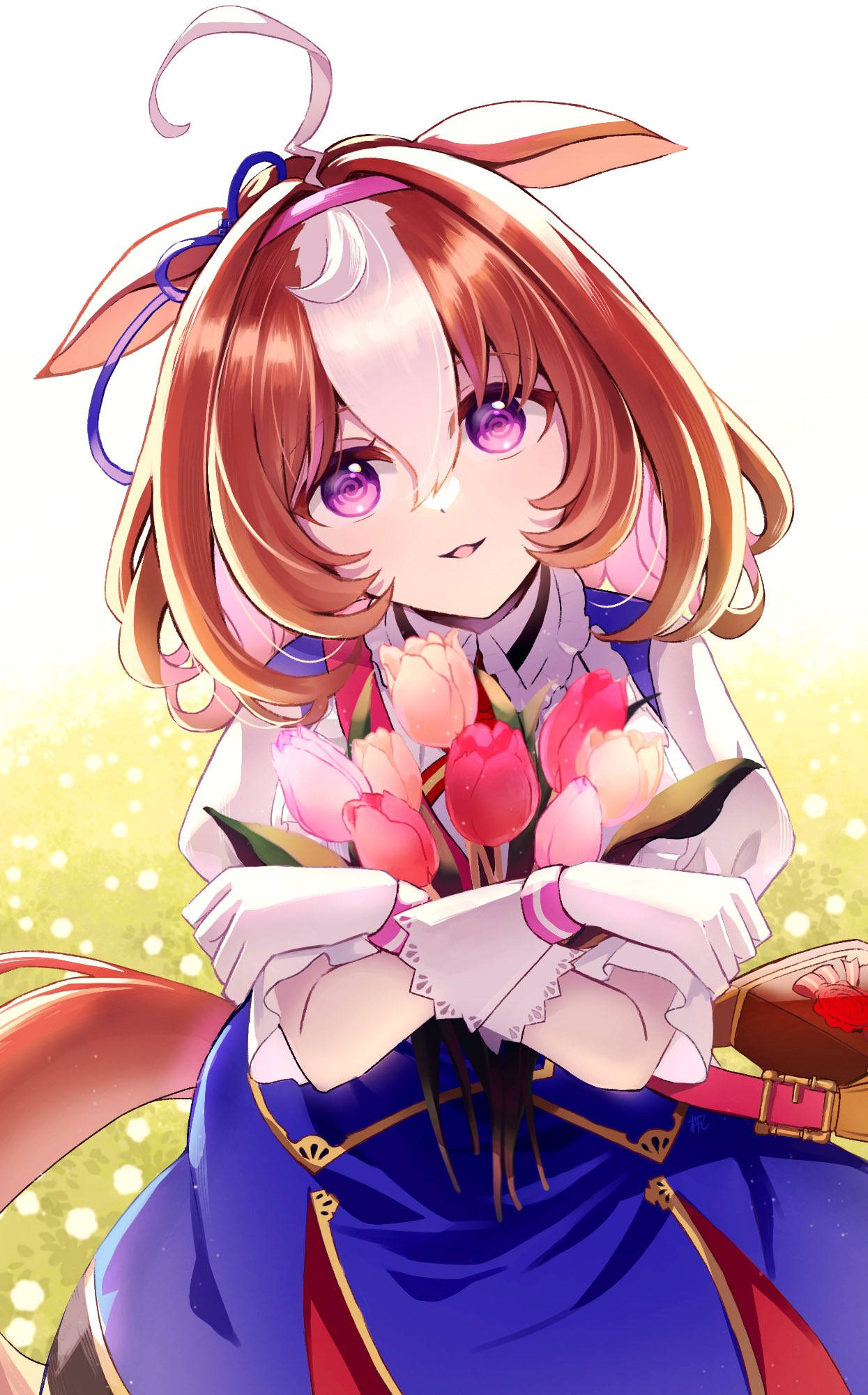 1girl, @_@, ahoge, animal_ears, bag, between_breasts, blue_dress, blush, breasts, brown_hair, changmakura, commentary_request, double-parted_bangs, dress, ear_ribbon, flower, gloves, hair_between_eyes, hairband, headband, highres, holding, holding_flower, horse_ears, horse_girl, horse_tail, long_sleeves, looking_at_viewer, medium_hair, meisho_doto_(turbulent_blue)_(umamusume), meisho_doto_(umamusume), multicolored_hair, parted_lips, pink_hairband, pink_headband, shirt, shoulder_bag, smile, strap_between_breasts, tail, two-tone_hair, umamusume, violet_eyes, white_gloves, white_hair, white_shirt