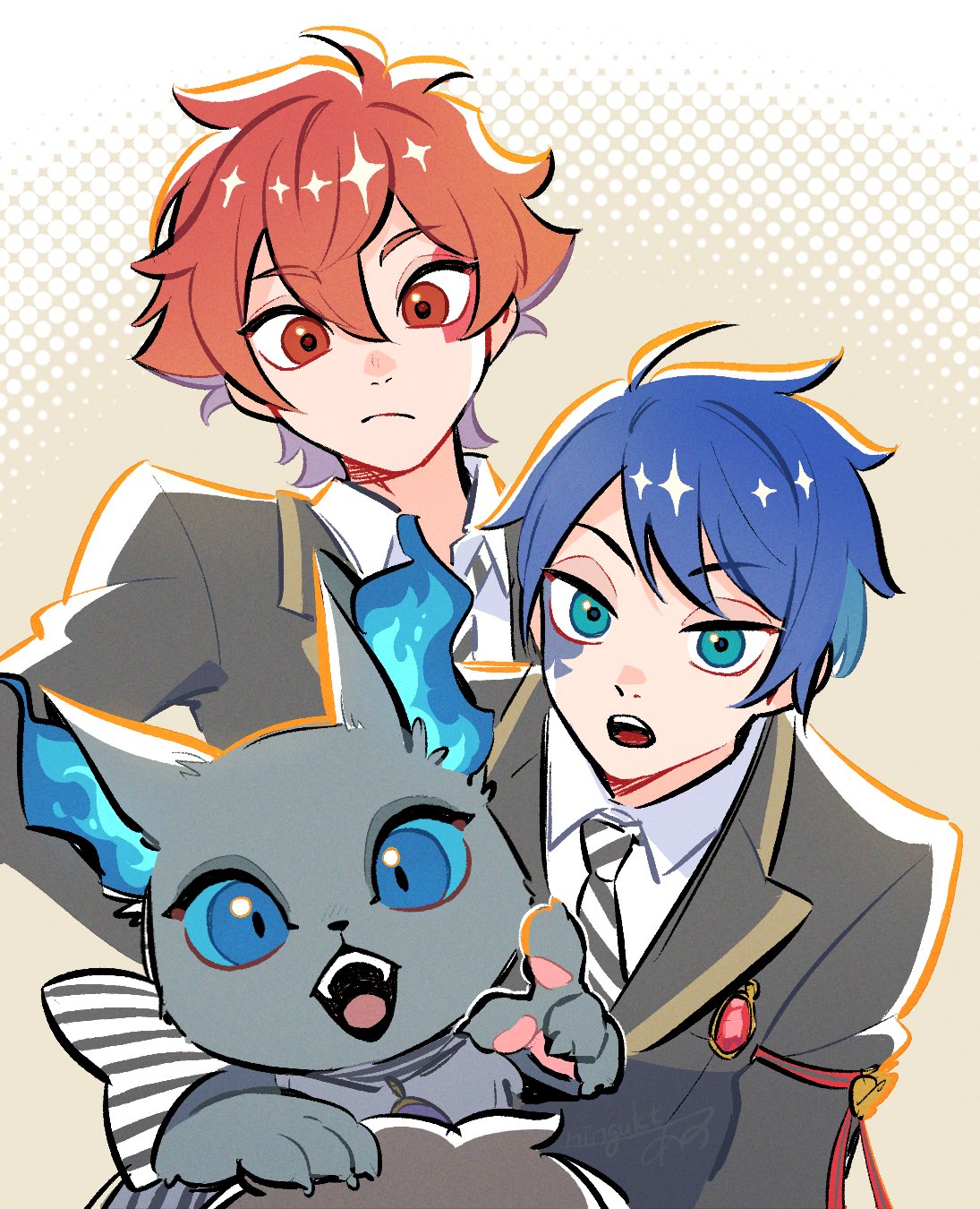 1other, 3boys, ace_trappola, blue_eyes, blue_hair, bow, bowtie, closed_mouth, commentary_request, deuce_spade, gem, grim_(twisted_wonderland), hair_between_eyes, hands_on_own_hips, heartslabyul_dorm, highres, looking_at_viewer, male_focus, multicolored_bow, multicolored_bowtie, multicolored_hair, multicolored_necktie, multiple_boys, necktie, night_raven_college_school_uniform, open_mouth, pointing, pointing_at_viewer, red_eyes, red_gem, red_hair, school_uniform, signature, simple_background, slit_pupils, twisted_wonderland, ukata, yuu_(twisted_wonderland)