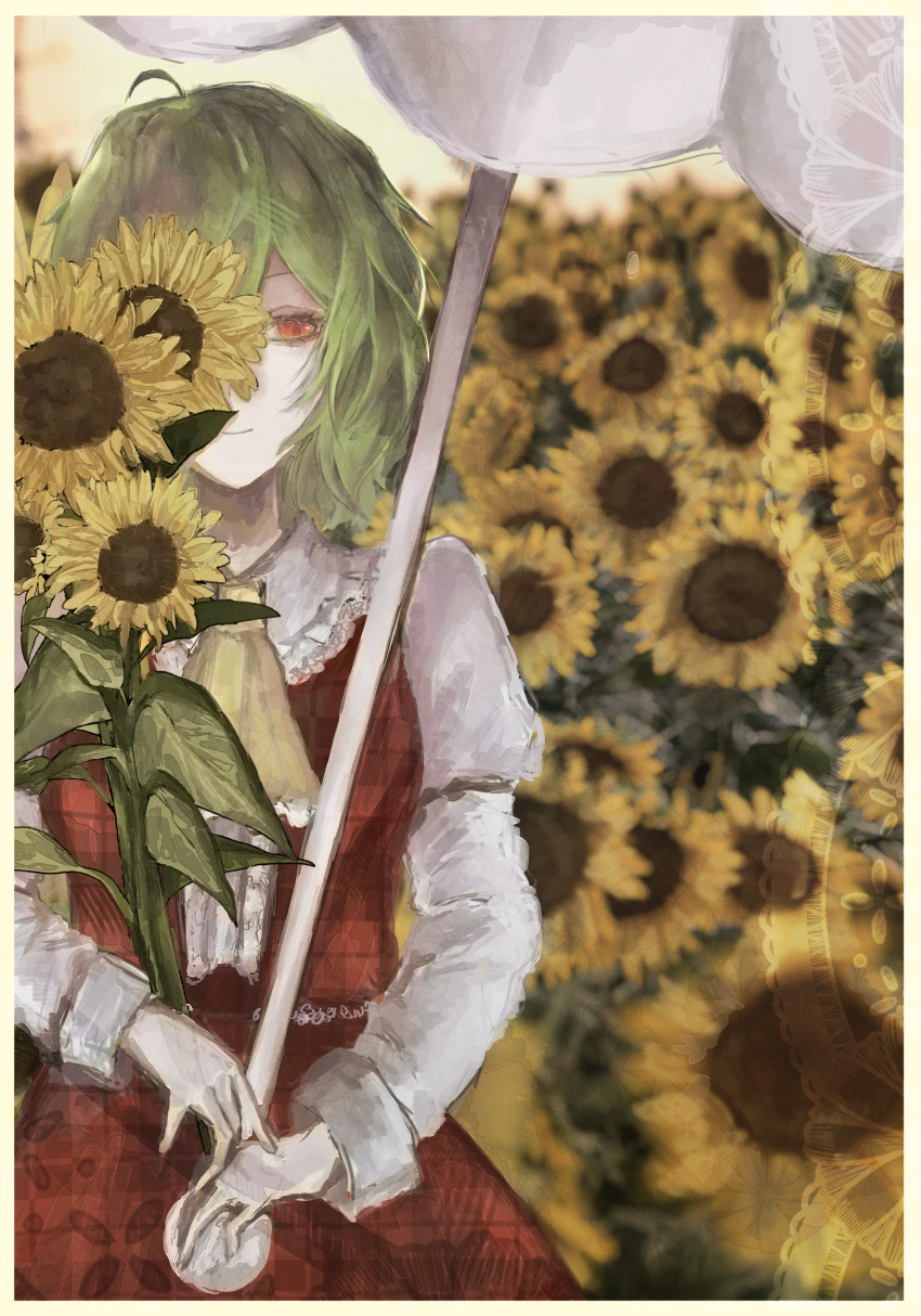 1girl, 1hoshimiyabi, absurdres, ahoge, commentary, field, flower, flower_field, green_hair, highres, kazami_yuuka, leaf, long_sleeves, medium_hair, red_eyes, red_skirt, red_vest, shirt, skirt, solo, sunflower, sunflower_field, touhou, umbrella, untranslatable_commentary, vest, white_shirt, white_umbrella, yellow_flower