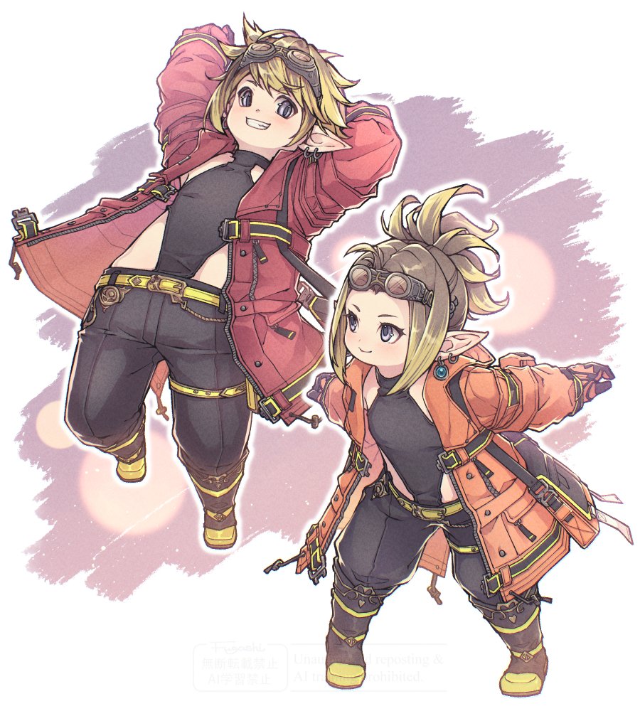 1boy, 1girl, airplane_arms, arms_up, belt, black_pants, blonde_hair, boots