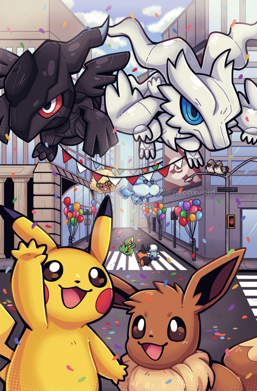 absurdres, balloon, brown_eyes, building, city, confetti, eevee, english_commentary