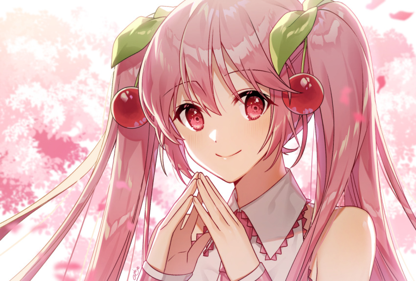 1girl, bare_shoulders, blush, breasts, cherry_hair_ornament, closed_mouth, collared_shirt, commentary