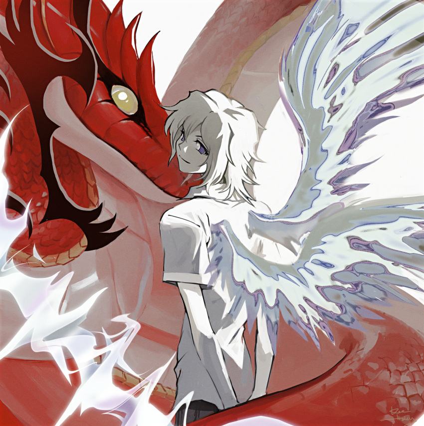 angel_wings, collared_shirt, dragon, highres, kiryu_yoshiya, looking_at_viewer, male_focus, medium_hair