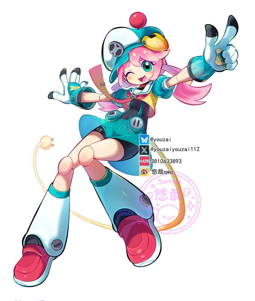 1girl, ;3, ;d, android, animal_collar, animal_ears, aqua_dress, aqua_eyes