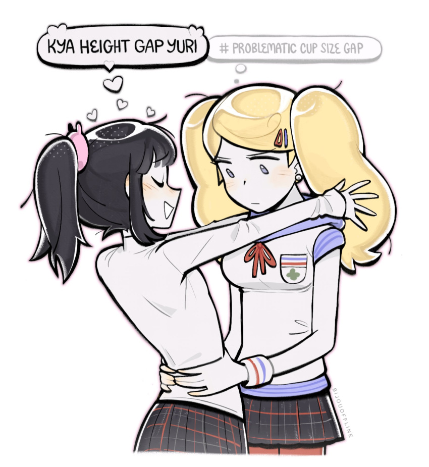 2girls, arms_around_neck, bijouoffline, black_hair, breasts, closed_eyes, commentary, english_commentary