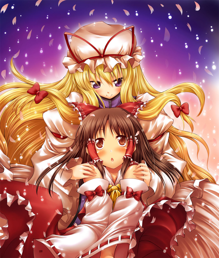 2girls, :o, bare_shoulders, blonde_hair, bow, brown_eyes, brown_hair, detached_sleeves