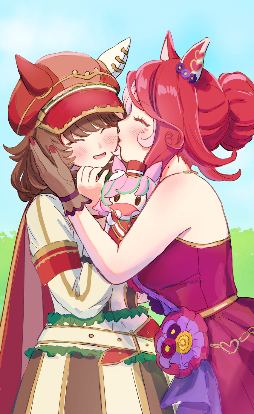 2girls, absurdres, alternate_costume, animal_ears, bare_shoulders, black_gloves, blush, breasts