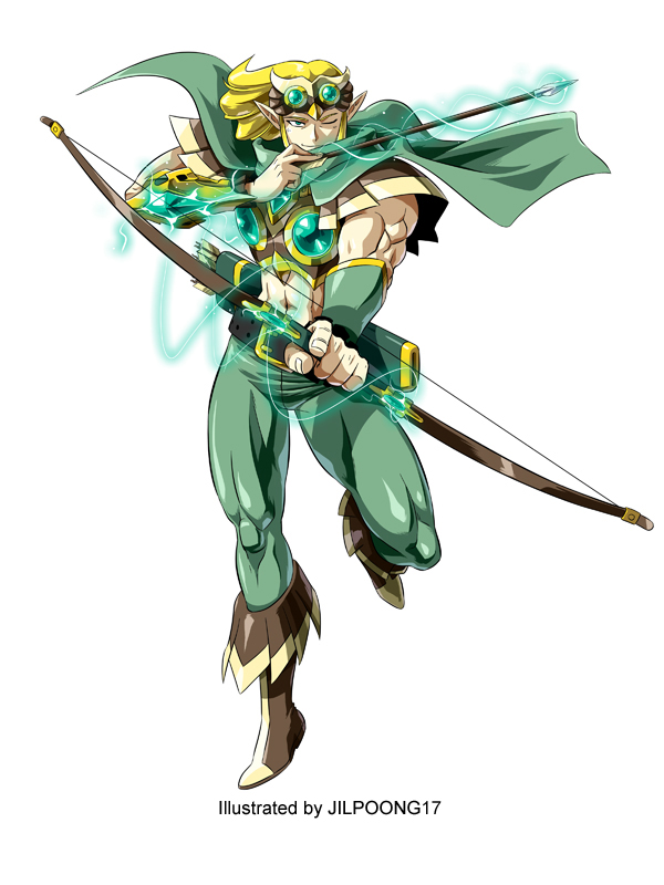 1boy, arrow_(projectile), artist_name, blonde_hair, boots, bow_(weapon), brown_boots, capelet, elf, energy, fantasy, fantasy_defense, fingerless_gloves, full_body, gem, gloves, goggles, goggles_on_head, gold_bracer, green_capelet, green_eyes, green_gem, green_pants, holding, holding_arrow, holding_bow_(weapon), holding_weapon, jilpoong17, muscular, navel, one_eye_closed, pants, pointy_ears, quiver, short_hair, sleeveless, solo, standing, standing_on_one_leg, tight_clothes, weapon, white_background