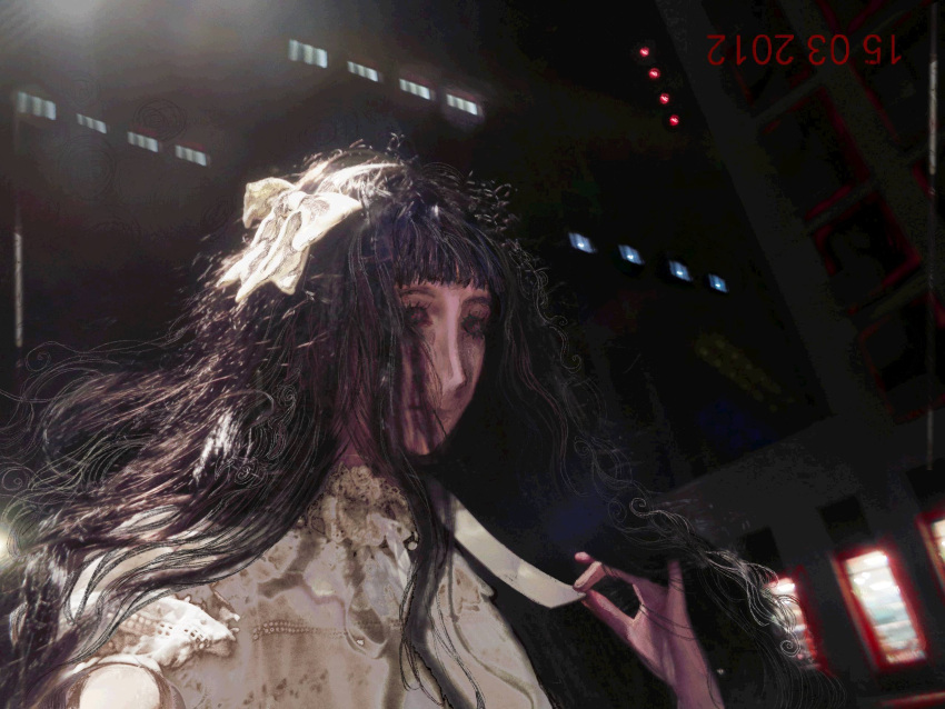 1girl, akemi_homura, black_hair, blunt_bangs, bow, eyelashes, hair_bow, hair_ribbon, hairband, highres, kukutuk, lace_trim, lolita_fashion, long_hair, mahou_shoujo_madoka_magica, messy_hair, ribbon, solo