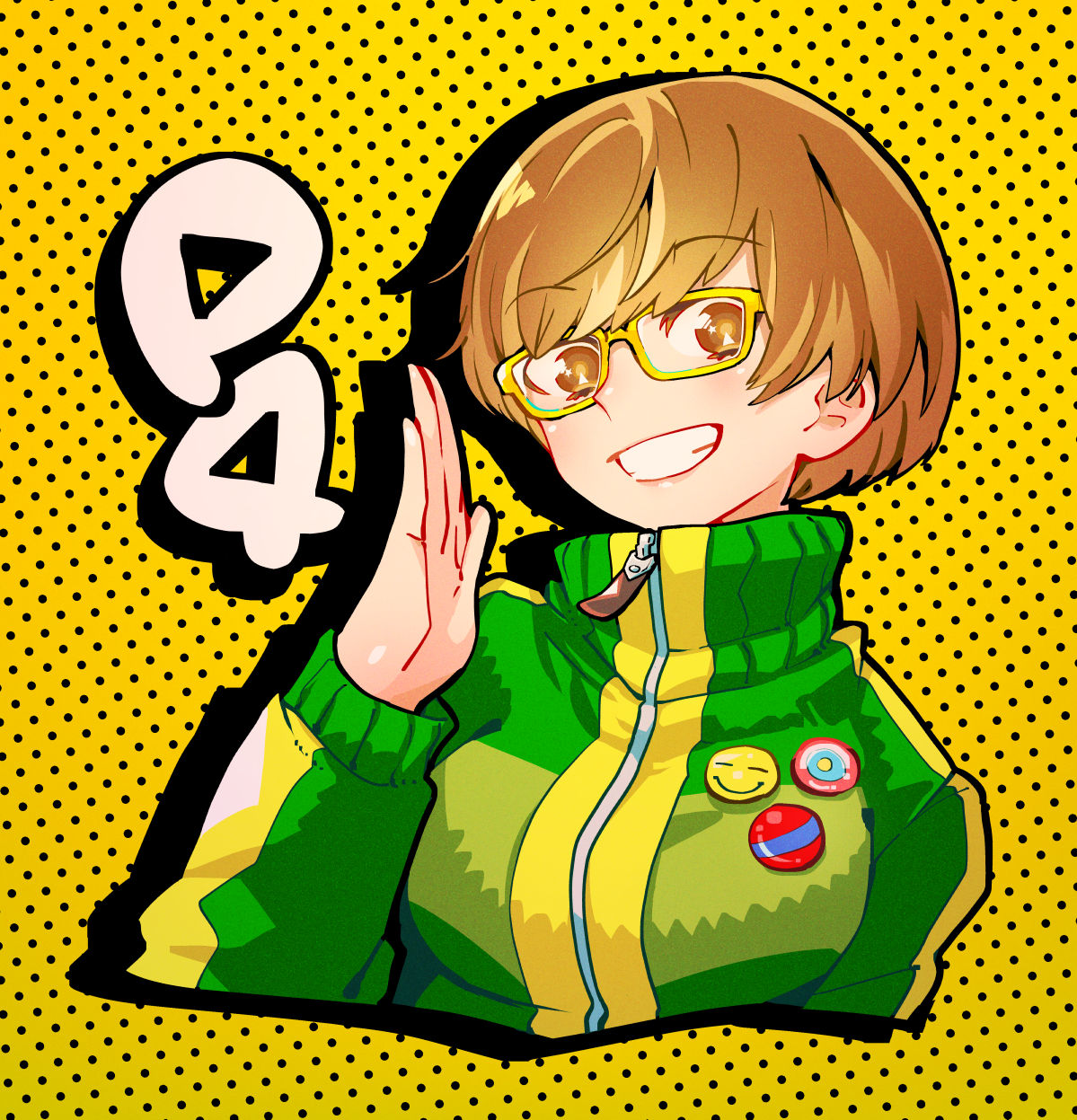 1girl, brown_eyes, brown_hair, commentary, cropped_torso, glasses, green_jacket, grin