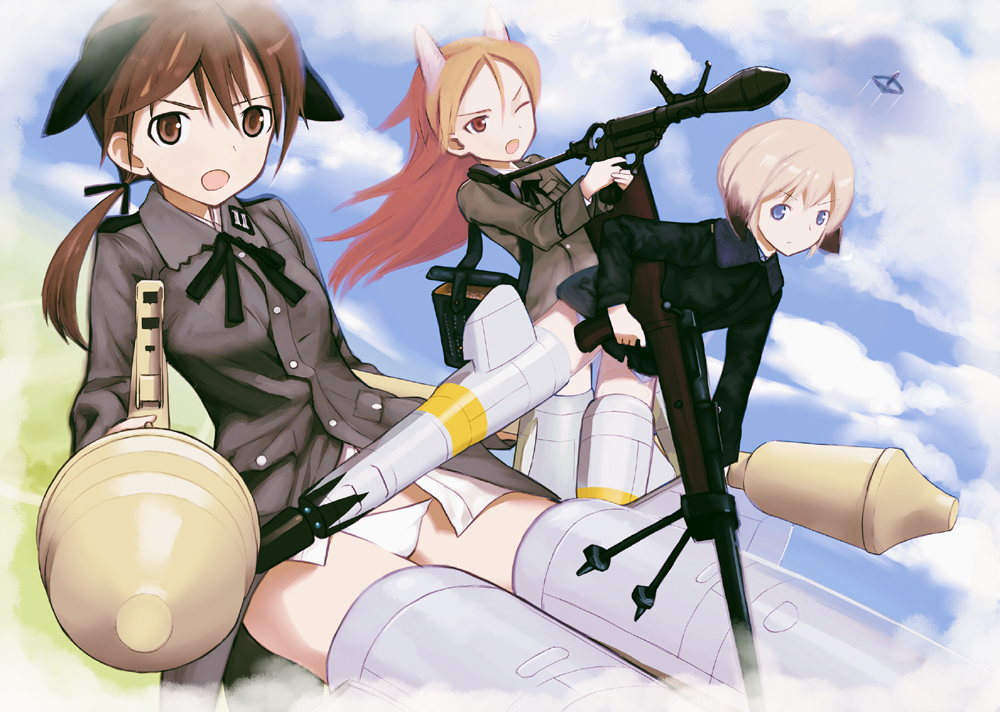 blonde_hair, blue_eyes, brown_eyes, brown_hair, dog_ears, erica_hartmann, gertrud_barkhorn, grenade_launcher