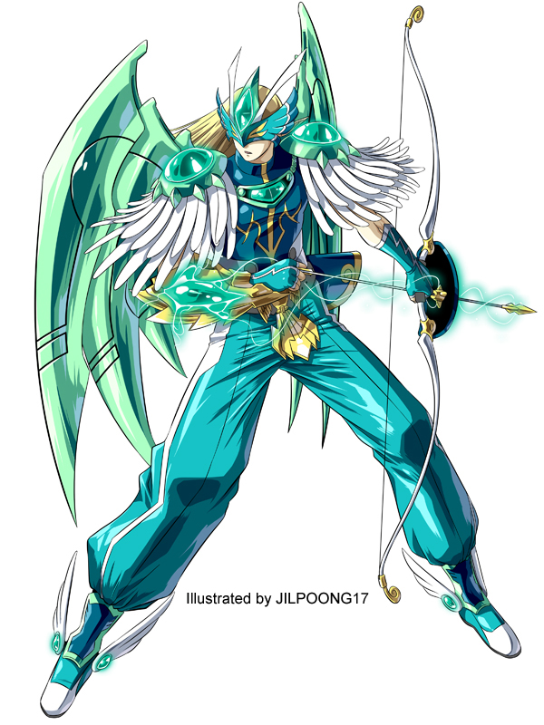 1boy, aqua_pants, arrow_(projectile), artist_name, blindfold_mask, blonde_hair, blue_boots, blue_shirt