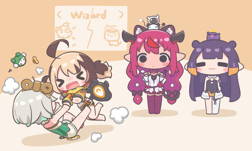 >_<, :>, :3, absurdres, ahoge, animal_ears, aqua_hair, bare_shoulders, blonde_hair, bloom_(irys), blush_stickers, braid, brown_hair, cat_ears, cat_tail, cecilia_immergreen, cecilia_immergreen_(1st_costume), doll_joints, dress, english_commentary, fang, gigi_murin, gigi_murin_(1st_costume), gloom_(irys), grem_(gigi_murin), grey_hair, highres, hololive, hololive_english, horns, irys_(hololive), irys_(irys_2.0)_(hololive), jacket, joints, kemonomimi_mode, kfp_employee_(takanashi_kiara), long_hair, medium_hair, mole, mole_under_eye, mpien, multicolored_hair, ninomae_ina'nis, ninomae_ina'nis_(1st_costume), o_x, on_head, open_mouth, orange_hair, otomo_(cecilia_immergreen), paw_pose, pink_hair, purple_hair, raora_panthera_(panther), red_hair, sharp_teeth, smile, streaked_hair, tail, takodachi_(ninomae_ina'nis), teeth, tentacle_hair, thigh-highs, twin_braids, twintails, virtual_youtuber, white_dress, winding_key