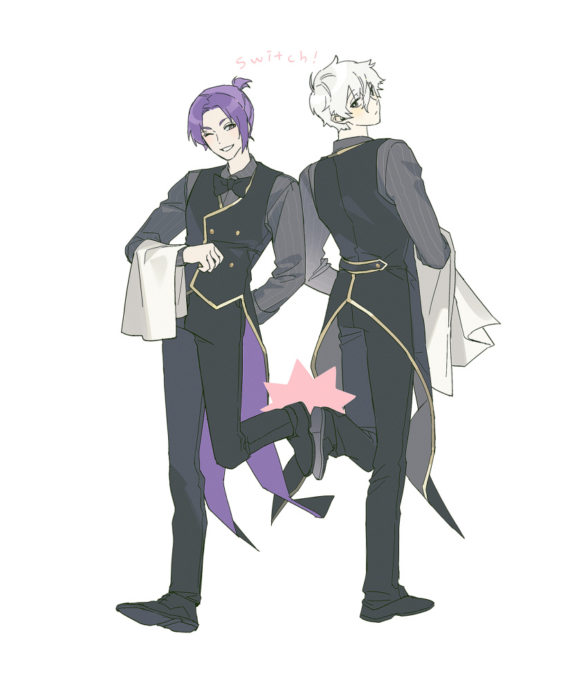 2boys, asymmetrical_bangs, ballro, black_bow, black_bowtie, black_shirt, black_tailcoat, black_vest