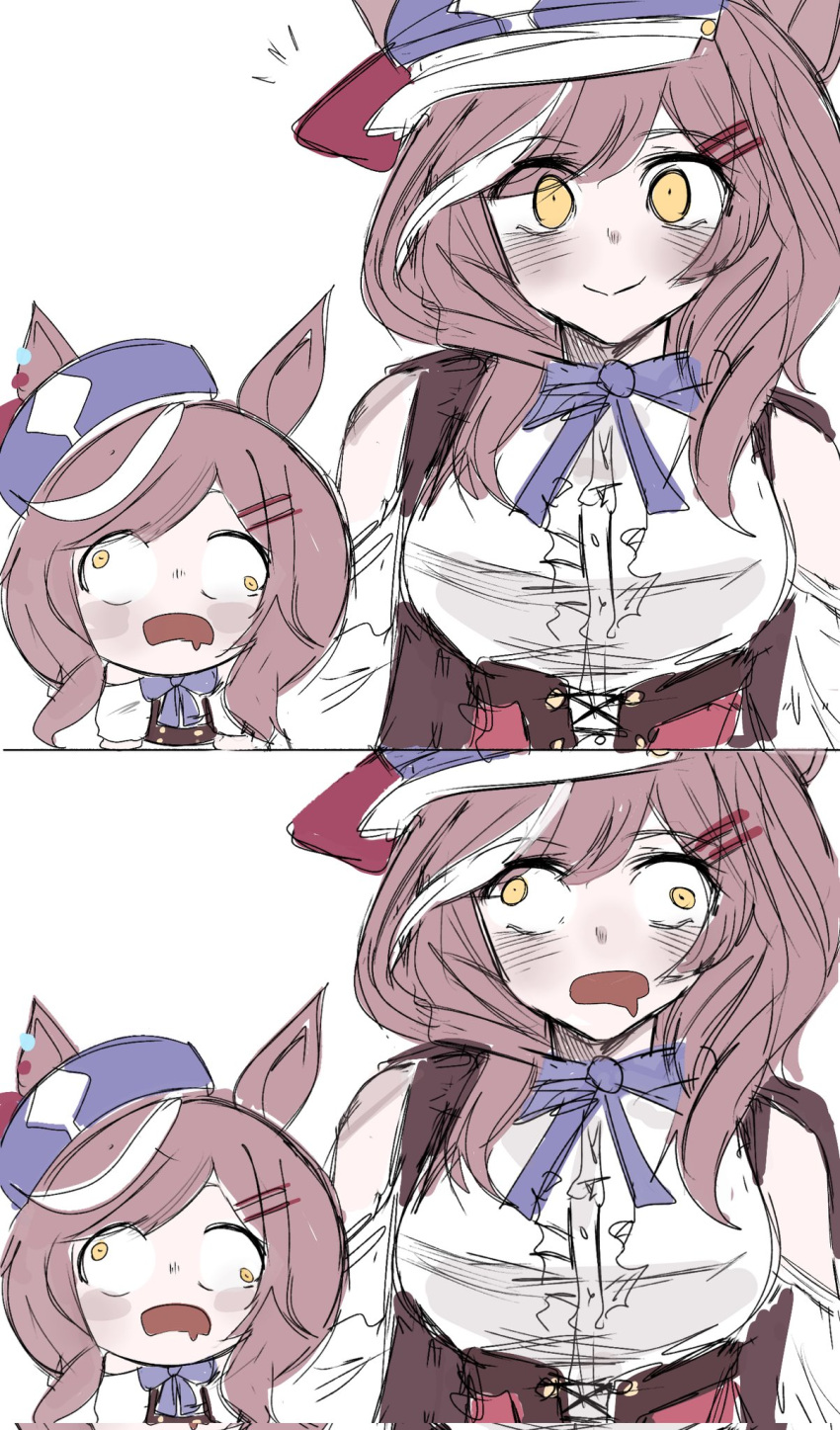 2girls, animal_ears, blue_bow, blue_hat, blush, bow, breasts, brown_hair, center_frills, chibi, chibi_inset, closed_mouth, clothing_cutout, corset, frills, hair_ornament, hairclip, hat, highres, horse_ears, horse_girl, mambo_(meme), matikanetannhauser_(panpaka_tiltott)_(umamusume), matikanetannhauser_(umamusume), medium_breasts, medium_hair, meme, multicolored_hair, multiple_girls, newsboy_cap, open_mouth, parallel_hairclips, pedkung, red_corset, rolling_eyes, screenshot_inset, shirt, shoulder_cutout, sky, smile, solo, streaked_hair, tilted_headwear, umamusume, white_background, white_shirt, window, yellow_eyes