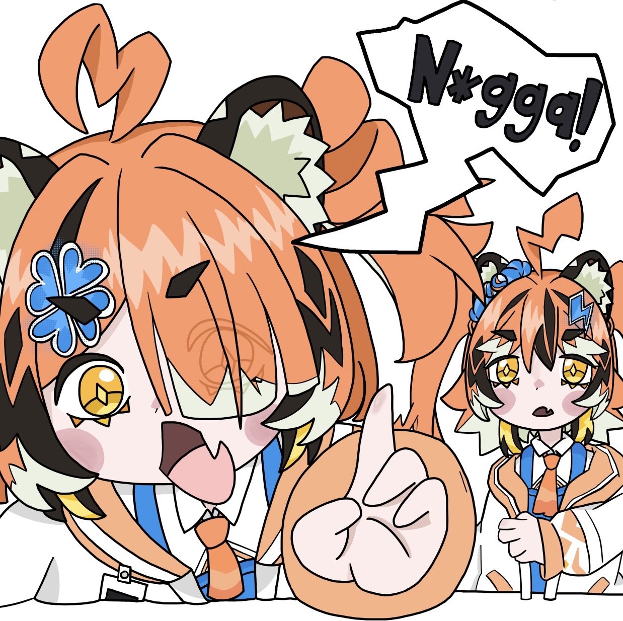 commentary, english_commentary, half_body, hanna_(projectdreamcatcher), highres, n_word, orange_hair, pawwa_(projectdreamcatcher)