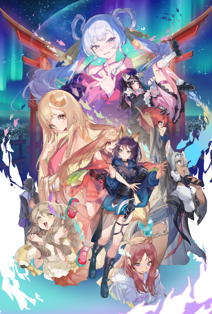 3boys, 6+girls, absurdres, aiza-ku, animal_ears, antlers, aurora, ayatsumugi_roka, bare_shoulders, belt, black_boots, black_hair, black_robe, black_shoes, blush, boots, brown_hair, chinese_commentary, cho_kaguya-hime!, chuken_otako, commentary_request, crescent, crescent_hair_ornament, crossdressing, crossdressing_(mtf), dark-skinned_female, dark_skin, deer_ears, everyone, forehead_jewel, fushi_(cho_kaguya-hime!), green_eyes, grey_hair, hair_ornament, hair_rings, hair_stick, heart, heart_in_eye, highres, holding, holding_microphone, horns, hug, hug_from_behind, index_finger_raised, isayama_mami, japanese_clothes, kaguya_(cho_kaguya-hime!), kimono, komazawa_noi, komazawa_rai, looking_at_viewer, lop_rabbit_ears, microphone, mikado_akira_(cho_kaguya-hime!), multiple_boys, multiple_girls, multiple_views, orange_eyes, pink_hair, purple_hair, rabbit_ears, red_hair, robe, runami_yachiyo, sakayori_iroha, school_of_fish, shoes, short_kimono, socks, sphere_hair_ornament, symbol_in_eye, tail, thigh_strap, torii, umbrella_octopus, white_hair, white_socks