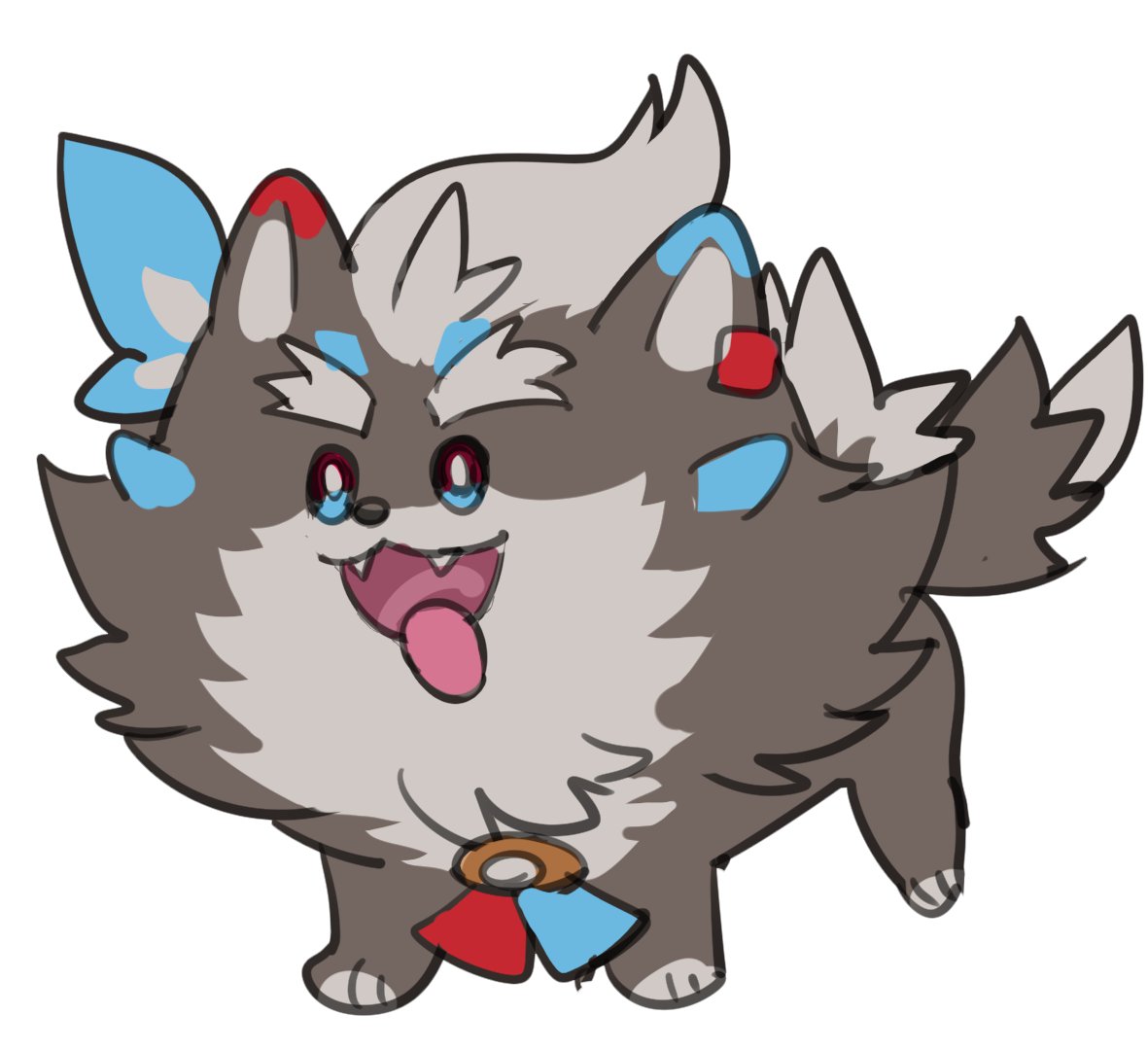 1boy, artist_self-insert, black_fur, commentary_request, cosplay, fangs, looking_to_the_side, multicolored_fur, open_mouth, original, oumaga_wald, oumaga_wald_(artist), pokemon, pombon, pombon_(cosplay), smile, tongue, tongue_out, virtual_youtuber, white_background