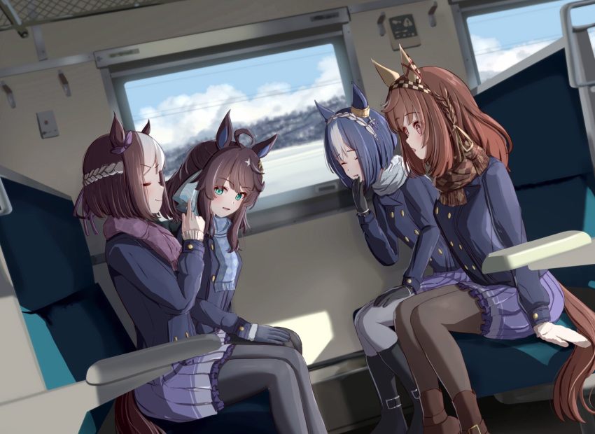 +_+, 4girls, animal_ears, black_hair, blue_hair, blurry, blurry_background, blush, brown_hair, buena_vista_(umamusume), cesario_(umamusume), closed_mouth, collarbone, eakon_7bit, gloves, hair_between_eyes, hair_ornament, hairband, highres, horse_ears, horse_girl, horse_tail, multiple_girls, pantyhose, scarf, sitting, smile, special_week_(umamusume), tail, train_interior, umamusume, winter_uniform
