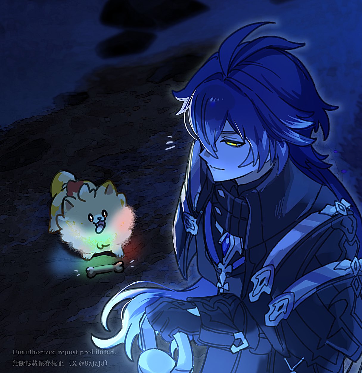 1boy, 8ajaj8, blue_hair, bone, colored_tips, flins_(genshin_impact), genshin_impact, glowing
