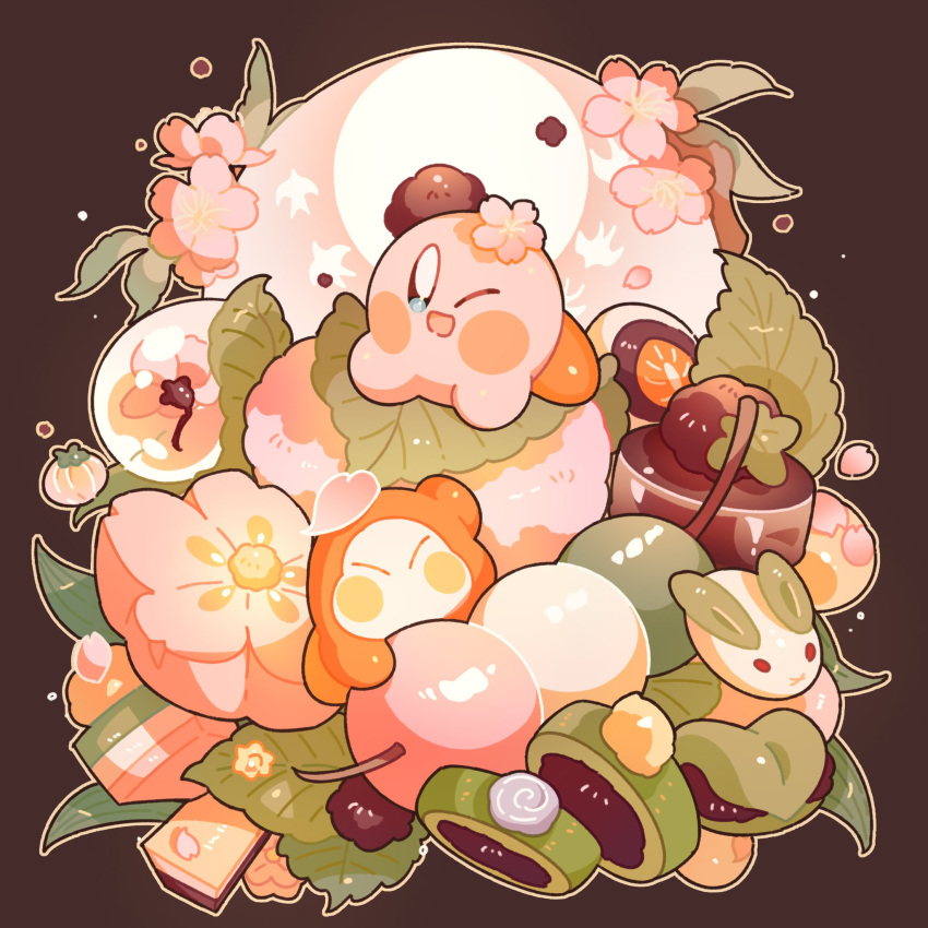 :d, blush_stickers, brown_background, candy, cherry_blossoms, closed_eyes, commentary_request, daifuku