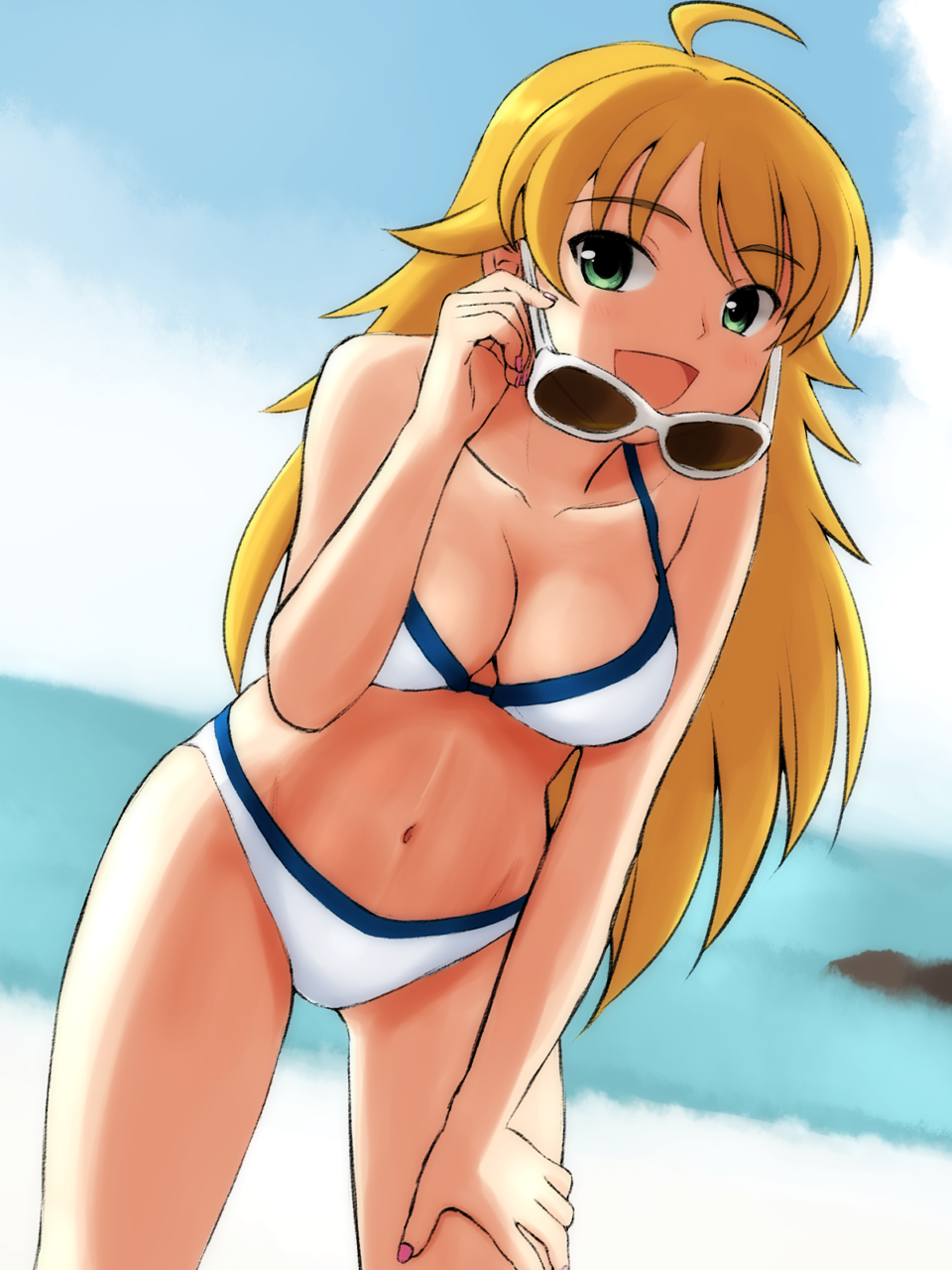 beach, bikini, blonde_hair, breasts, cleavage, green_eyes, highres, hoshii_miki