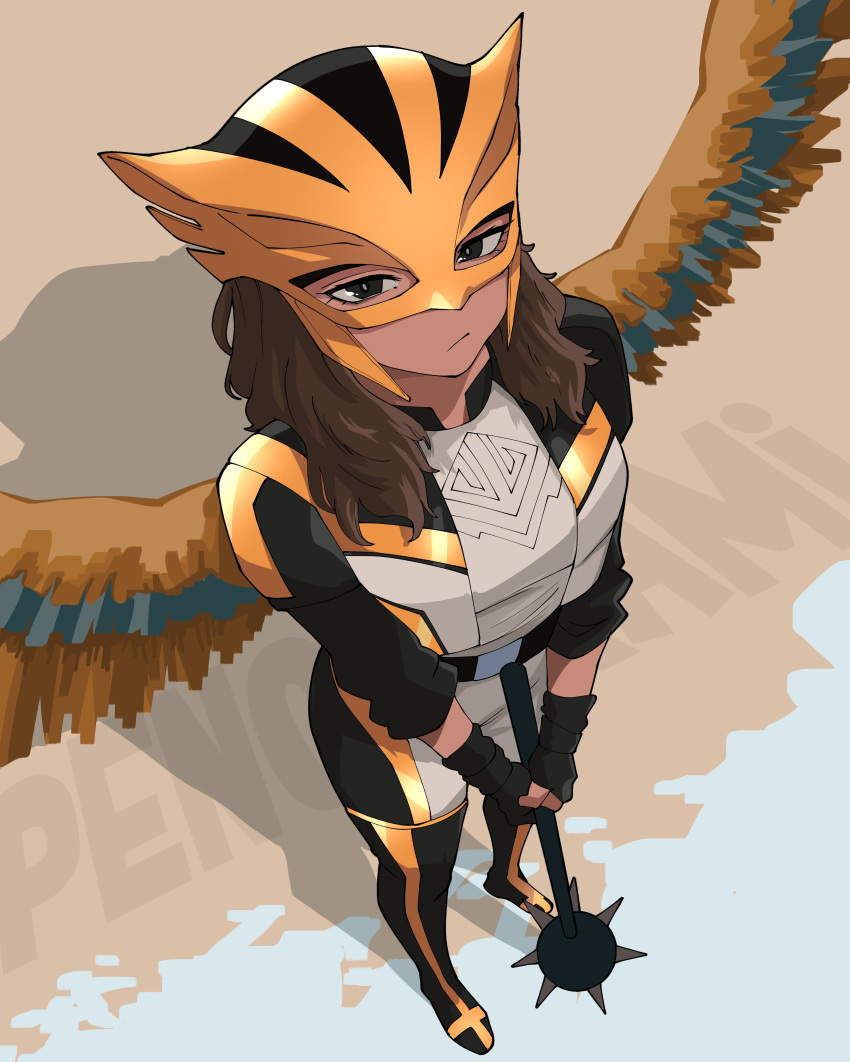 1girl, absurdres, artist_name, bird_wings, black_eyes, black_gloves, brown_hair, commentary, dc_comics, dc_universe_(franchise), english_commentary, feathered_wings, fingerless_gloves, full_body, gloves, hawkgirl, helmet, highres, holding, holding_mace, holding_weapon, jacket, kendra_saunders, looking_at_viewer, mace, medium_hair, open_clothes, open_jacket, pencilkami, solo, spiked_mace, spikes, superhero_costume, superman_(2025), superman_(series), weapon, wings