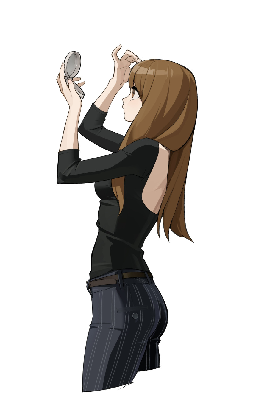 1girl, absurdres, adjusting_hair, arms_up, backless_outfit, black_pants, black_shirt, breasts