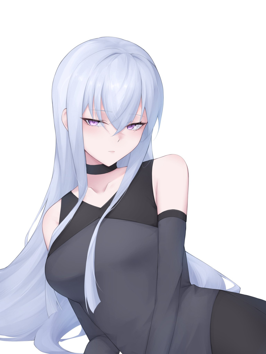 1girl, bare_shoulders, black_choker, black_dress, choker, close_(digimon), collarbone, crossed_bangs
