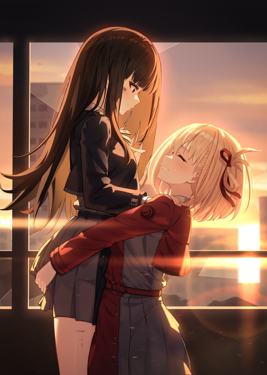 2girls, absurdres, bag, belt, black_hair, black_skirt, blonde_hair, blood