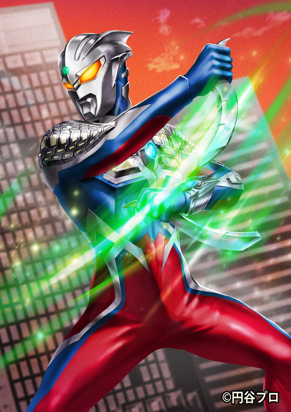 1boy, alien, armor, attack_trail, blue_skin, boomerang, breastplate, building, color_timer, colored_skin, commentary_request, copyright_notice, dai-kaijuu_battle_ultra_ginga_densetsu_the_movie, eye_slugger, forehead_jewel, giant, holding, holding_boomerang, holding_weapon, multicolored_skin, official_art, orange_eyes, orange_sky, outdoors, red_skin, silver_skin, sky, solo, tokusatsu, ultra_galaxy_(series), ultra_series, ultraman_fusion_fight!, ultraman_zero, weapon, yasukuni_kazumasa