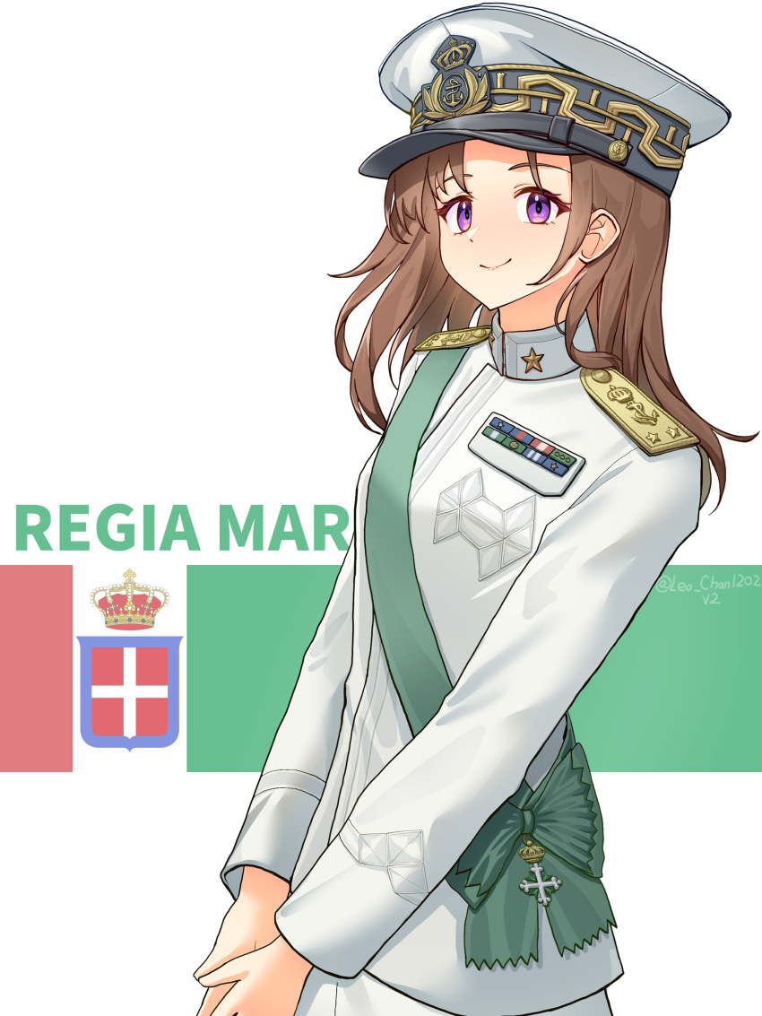 1girl, absurdres, brown_hair, commentary, flag_background, green_sash, hat, highres