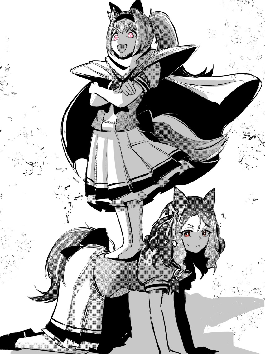 2girls, all_fours, animal_ears, bow, bowtie, cape, closed_mouth, commentary