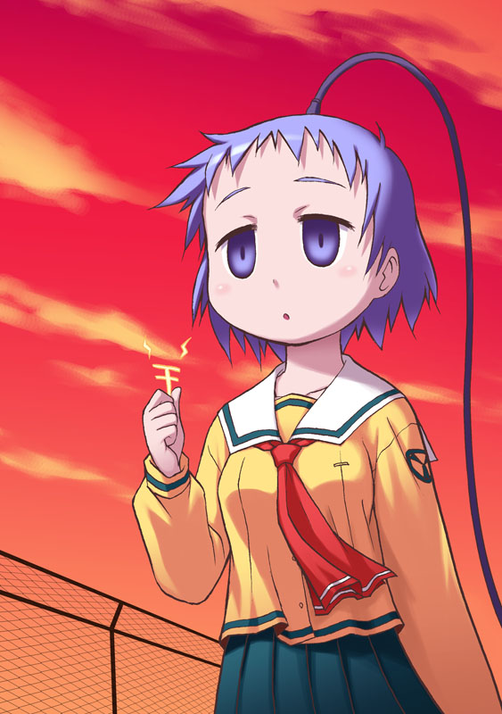 1girl, ascot, black_skirt, blue_hair, cable, chain-link_fence, empty_eyes, fence