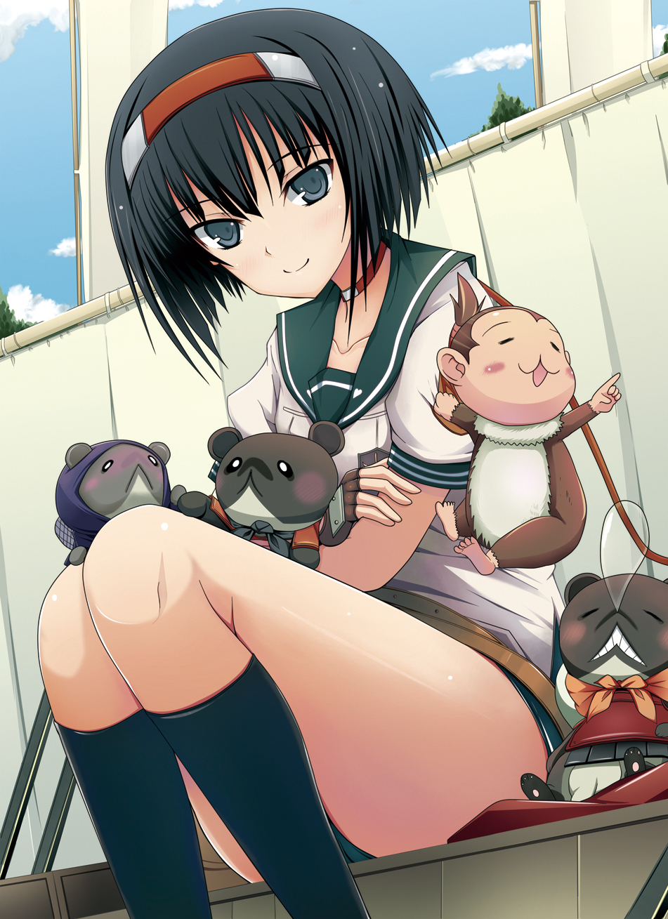 alicesoft, armor, bangs, belt, black_eyes, black_hair, black_legwear, black_socks, blue_eyes, blunt_bangs, bob_cut, choker, cloud, collar, fingerless_gloves, footwear, gloves, hair_ornament, headband, highres, ii_naomasa, monkey, rance_(series), sakai_tadatsugu, sakakibara_yasumasa, school_swimsuit, school_uniform, sengoku_rance, short_hair, smile, socks, stanaka, swimsuit, swimsuit_under_clothes, thighs, toukichirou, yuzuhara_yuzumi