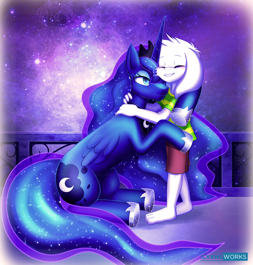 1boy, 2022, 2d, animal_ears, anthro, artist_name, asriel_dreemurr, barefoot, black_pants, blue_hair, body_fur, commentary, crossover, cutie_mark, cyaneworks, digital_media, droopy_ears, duo, english_commentary, fangs, feathered_wings, floppy_ears, full_body, furry, furry_male, goat, goat_boy, goat_ears, goat_tail, green_sweater, horizontal-striped_clothes, hug, jewelry, long_hair, long_sleeves, male, mammal, monster, monster_boy, my_little_pony, my_little_pony:_friendship_is_magic, necklace, painting_(medium), pants, pony_(animal), princess_luna, purple_background, sitting, space_background, striped_clothes, striped_sweater, sweater, tail, tail_tuft, tiara, two-tone_sweater, undertale, utdr_(toby_fox), very_long_hair, white_fur, winged_unicorn, wings, yellow_stripes